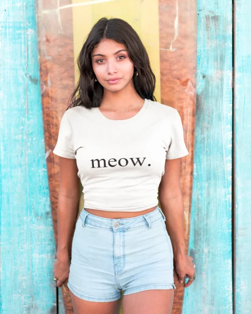 model wearing white t-shirt with black cat fun design