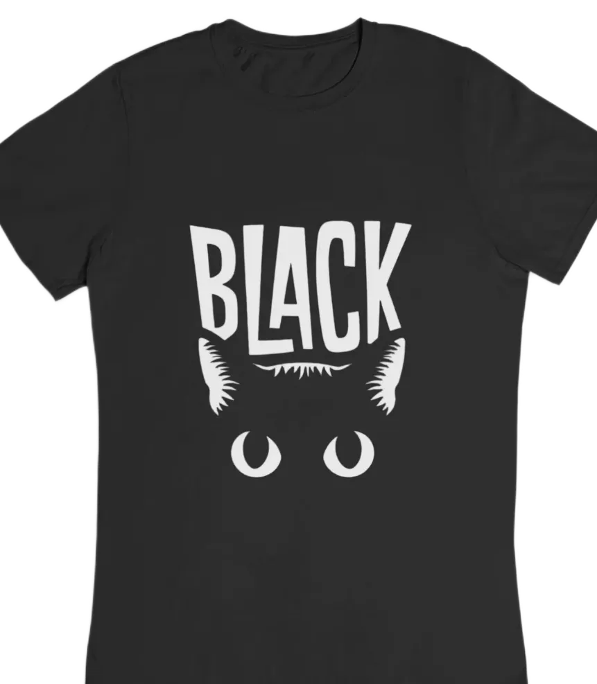 black t-shirt with black cat fun design