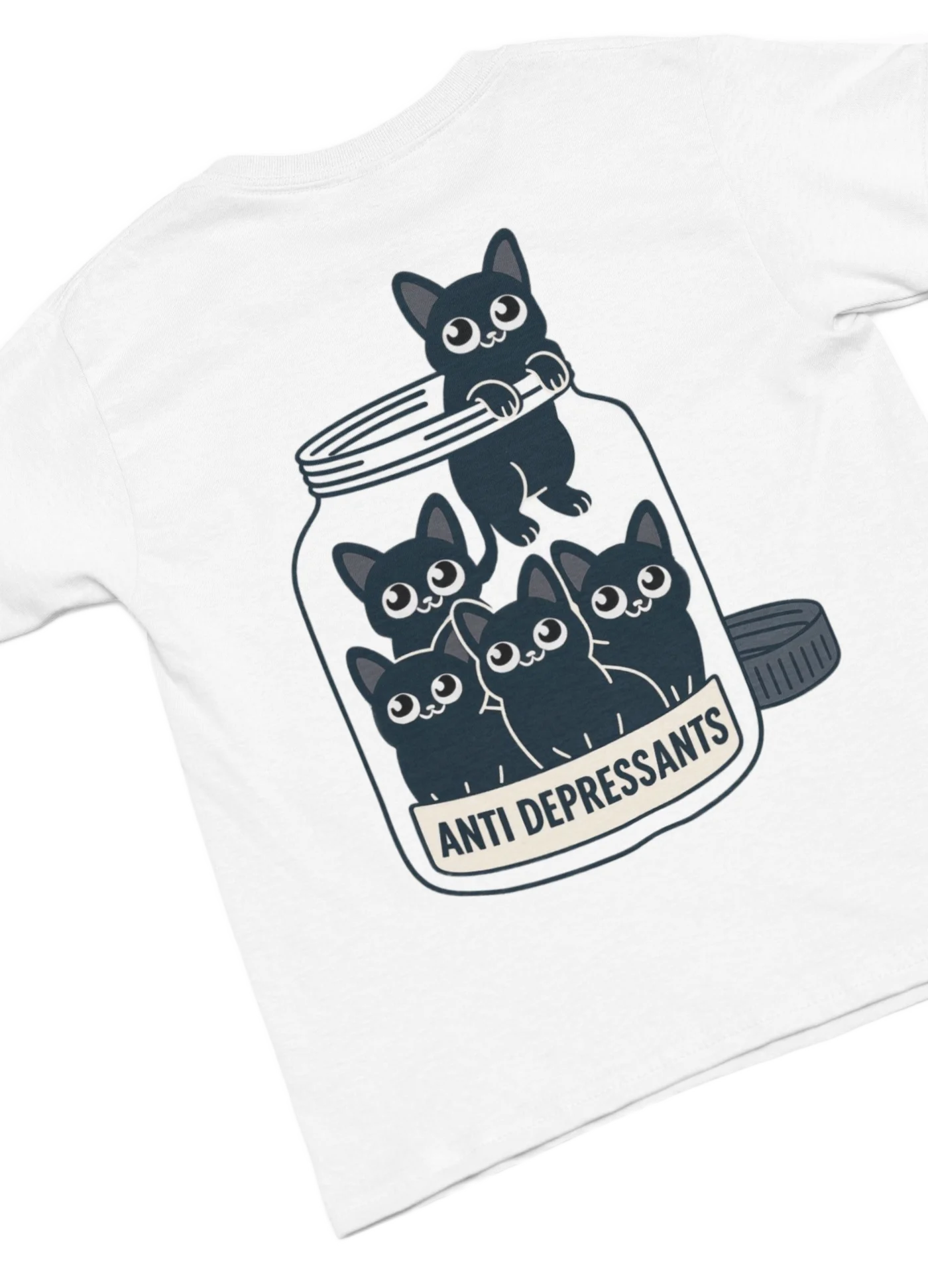 white t-shirt with cat anti depressants design