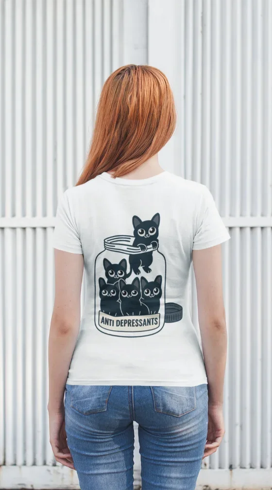 model wearing white t-shirt with cat anti depressants design